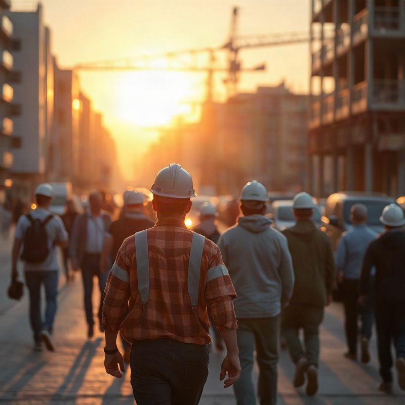 Trabajadores saliendo de una obra en construcción en una ciudad uruguaya