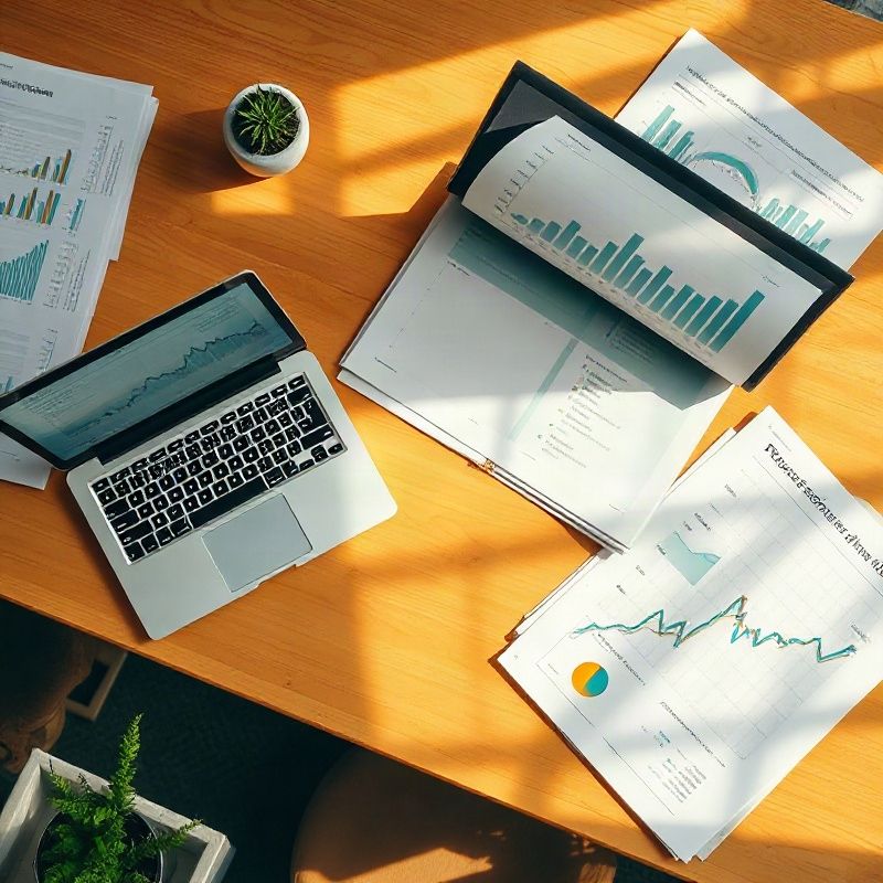 Escritorio con informes económicos impresos y laptop mostrando gráficos de datos